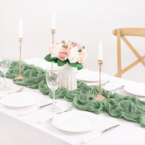 Image of MLMC 8 Pack Sage Green Table Runner 10ft Rustic Gauze Summer Cheesecloth Table Runner 35x120 Inches Cheese Cloth for Boho Wedding Bridal Shower Centerpiece Decor