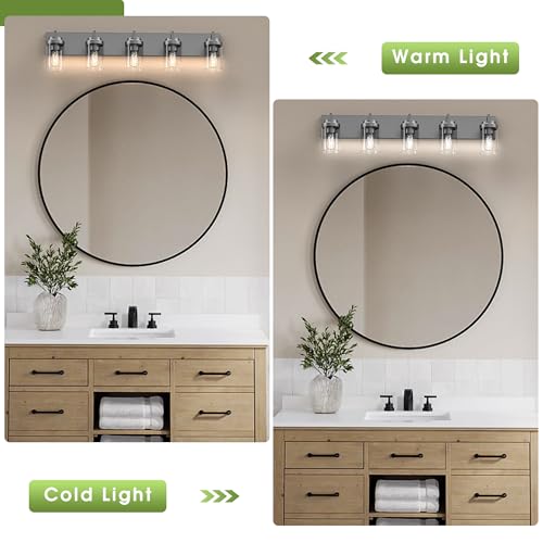 Image of Modern 5-Light Black Bathroom Vanity Light with Clear Glass Shade, 37.4 x 4.7 x 6 inches