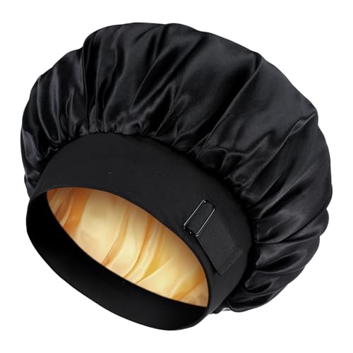 Yuanchu Satin Bonnet Verstellbar Schlafmütze, Nacht Haarpflege Schutz Kopfhaube Damen Herrn Haar Haube Schlafen Seiden Schlafhaube Seidenhaube Lockiges Lange Haaren Glatt Atmungsaktiv(schwarz+Gold)
