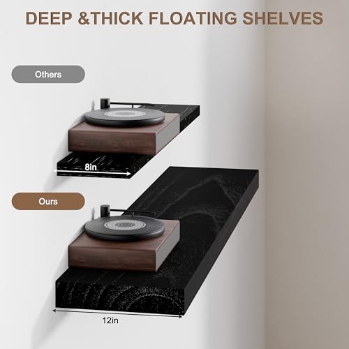Image of 60 Inch Extra Long Floating Shelves, Set of 2 Deep Floating Shelves 12in Depth, Floating Shelves Long Heavy Duty Wood Shelves for Wall, Solid Wood Sleek Black