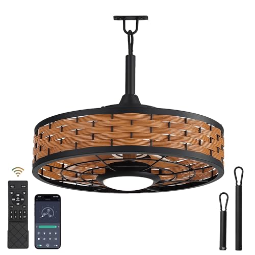 LEDIARY 20" Outdoor Ceiling Fans with Light for Patios, IP65 Waterproof Gazebo Fan, Boho Rattan Plug in Ceiling Fan Remote&APP Control, 3CCT Dimmable, 6-Speeds, Caged Fan for Gazebo,Patio,Porch by LEDIARY - Used condition - Image 2
