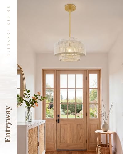 Image of 12.5 inch Boho Rattan Chandelier, Gold Finish, AD-25050-1P-WH | 1-Light 3-Tier Hand Woven Pendant Light Fixture, White Hanging Light for Entryway Bedroom Hallway, Adjustable Height