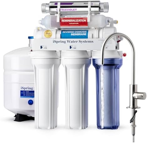 iSpring RCC2AK-UV, Upgraded 200 GPD, UV pH+ Reverse Osmosis System, 7-Stage RO Water Filtration System with Alkaline and UV Filter, Patented Top-Mounted Faucet Design for Easy DIY Installation