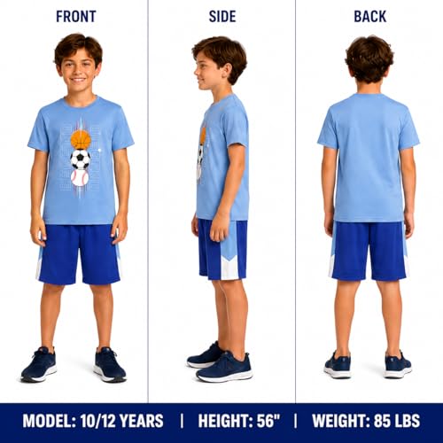 Image of Pro Athlete Boys Shorts Sets - 4 Piece Dry Fit Short Sleeve Crewneck Graphic Tee and Performance Shorts for Boys (Sizes 8-16)