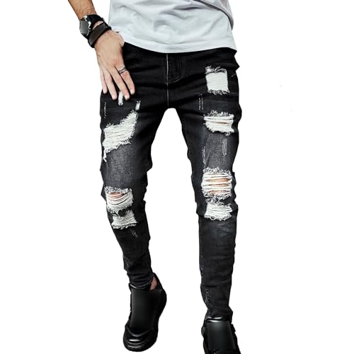 Men Slim Fit Destroyed Jeans Distressed Tapered Denim Pants Comfort Straight Streetwear Jean