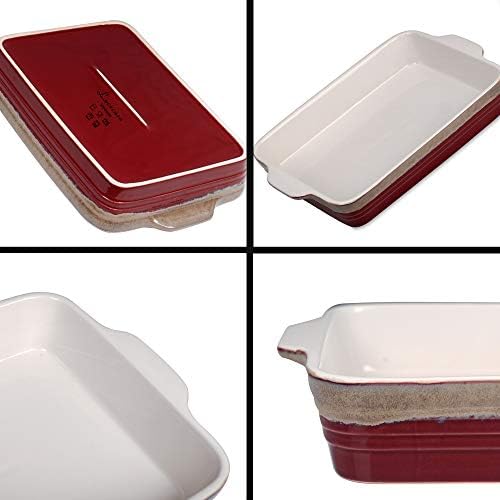 LOVECASA Kamionka płytkie prostokątne naczynie piekarnik na stół naczynie do pieczenia, prostokątne ceramiczne naczynia do pieczenia zestaw 2 z podwójnym uchwytem idealne do ciasta/piecia/zapiekanki/makaronu, czerwone