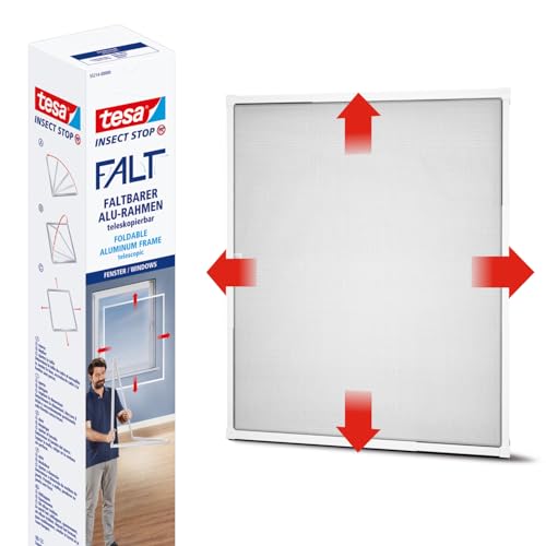 tesa 55214 Insect Stop Plegable de Aluminio,Mosquitera con Marco Telescópico Ajustable,Blanco,80 cm x 80 cm, Blanco, 81 cm x 80 cm a 140 cm x 140 cm