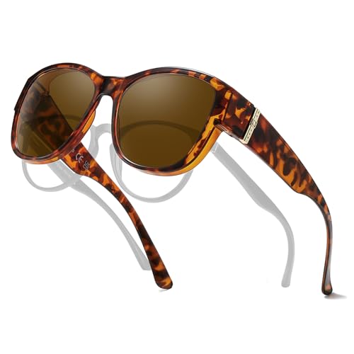 TJUTR Polarized Fit Over Glasses Sunglasses for Women UV Protection, Trendy Oversized Shades Wear Over Eyeglasses (A1 Tortoise/Brown)