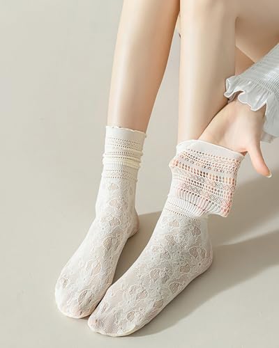 Image of Womens Lace Ankle Socks Mesh Lace Loose Socks Cute Casual Solid Color Princess Socks Sheer Dress Socks 6 Pairs 4-9