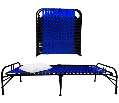 Image of Folding Bed 1 Year Warranty, Portable Single Bed 3X6 Feet Bed Size Strong Iron Steel Metal Frame Pipe, Bed for Sleeping Guest, Easily Storable (Synthetic Stripe, Blue-Black & Pillow) Painted
