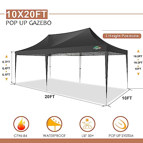 COBIZI 10x20 Canopy, Pop Up Canopy 10x20, Outdoor Wedding Party Tent, Commercial Tent, Waterproof Canopy Tent with 6 Sidewalls, All Season Outdoor Gazebos for Parties with Carry Bag, Event, Black