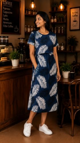 Image of Maternity Feeding Maxi Dress with Pockets, Green Butterfly Print, Zipless Long Pregnancy Gown, Pre & Post Maternity Wear Ankle Length