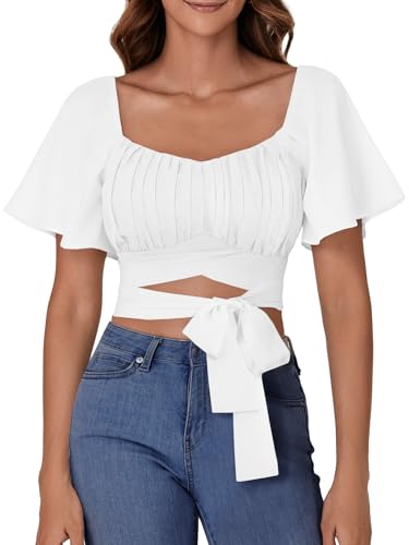 Rooscier Women's Ruched Wrap Ruffle Flare Short Sleeve Square Neck Self Tie Crop Top Blouse