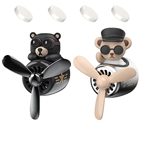 2 Pieces Car Air Fresheners, Cute Bear Pilot Car Diffuser, Propeller Air Outlet Vent Fresheners, Suitable for Automotive Interior Decoration (Bear (A+B))
