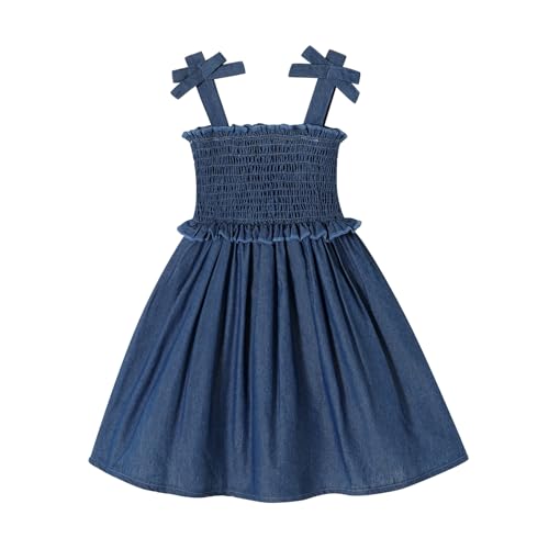 JEELLIGULAR Toddler Girl Dresses Smocked Denim Sundress with Bow Shoulder Straps Sleeveless Summer Dress for Baby Girls 6M-4T(Dark Blue Denim 2-3T)