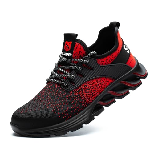 SUADEX Steel Toe Sneakers for Men Women Indestructible Work Shoes Lightweight Comfortable Safety Sneakers Slip-Resistant Composite Toe Shoes for Construction Red