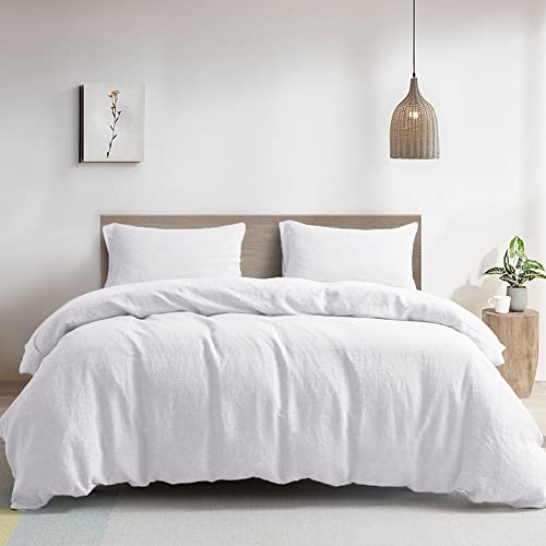 Tonyrena Bedding Duvet Cover Set, 3 Piece 100% Washed Flax French Linen Soft Breathable Bedding Set (Queen, White) #TOP1