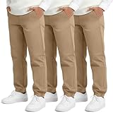 LessonZoo 3 Pack Boys Uniform Jogger Pants Kids Cotton Pull-on Elastic Waist Relaxed Fit School Clothes with Pockets(Khaki,12-13 Years)