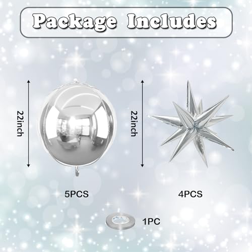 Image of 9 Pcs Silver Round Foil Balloons and Star Balloons 22 /18 4D Ball Balloon Metallic Silver Explosion Star Shaped Mylar Balloon for Graduation Birthday Wedding Anniversary Disco Prom Party Decor