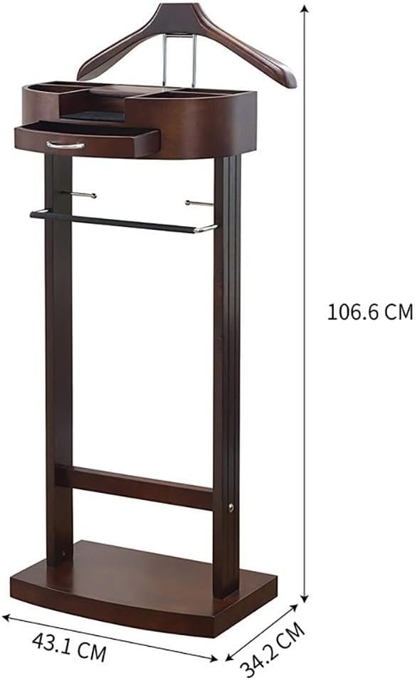 Clothes Valet Stand Floor Standing Suit Hanger Rack Wooden Crease-Free Suit Coat Stand Storage with Drawer and Solid Frame for Bathroom Office Bedroom H106.6 x W 34.2 x D 43.1cm