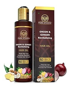 Pure Ethics Red Onion Oil and Ginger Root Oil, Cold Pressed - With Coconut Oil, Vitamin-E, Sesame, Castor, Olive, Almond Oil and Macademia Seeds - Prevents Hair Loss, Hair Fall and Dandruff (200 ml)