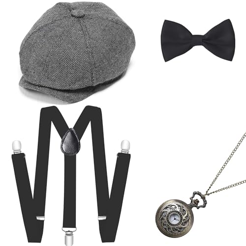 Image of BABEYOND 1920s Mens Gatsby Gangster Costume Accessories Set 30s Manhattan Fedora Hat Bow Tie Suspenders