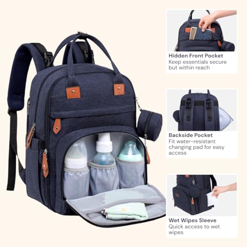 Image of Diaper Bag Backpack, BabbleRoo Baby Nappy Changing Bags Multifunction Waterproof Travel Back Pack with Changing Pad & Stroller Straps & Pacifier Case, Unisex and Stylish (Navy Blue)