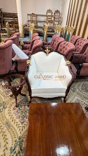 Image of CLASSIC WOOD & CRAFT Luxury 5-Seater Wooden Sofa Set Center Table & Side Table | Hand-Carved Teak Wood Sofa White Upholstery & Golden Detailing | Royal Living Room Furniture for Home Villa & Hotel