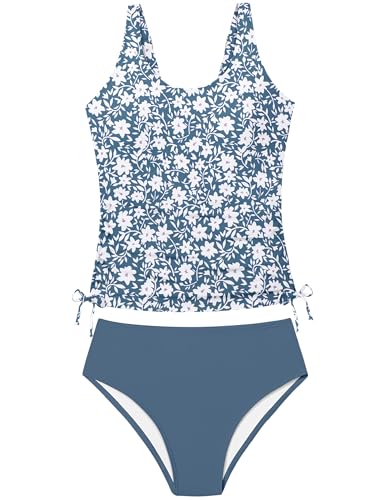 Qaoerde Bathing Suit for Girls 10-12 Girls Tankini Two Piece Drawstring Printed Girl Swimsuit Ruched Swimwear Adjustable Straps Dark Blue Floral 11-12 Years