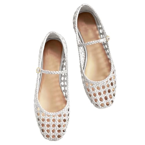Woven Mesh Ballet Flats for Women with Metal Buckle Strap Ballerina Flat Shoes Comfortable Round Toe Mary Jane Flat.