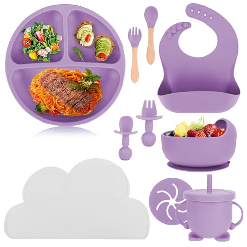 10 Pezzi Set Svezzamento Prima Pappa Silicone Kit Bimba Neonato 6 Mesi Bambini Piattino Stoviglie Accessori Piatto con Ventosa Ciotola Cucchiaio Forchetta Tazza Bavaglino Tovagliette Antiscivolo Viola