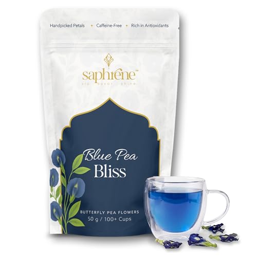 Image of Saphrene Butterfly Pea Flower Blue Pea Tea - 50g | 100+ Cups Herbal Tea | Caffeine-Free | Detox & Weight Management | Color-Changing | NABL Lab-Tested | Aparajita | Shankhpushpi | Sangu Poovu