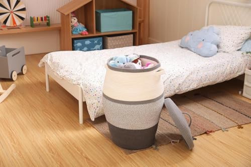 Image of Storage Cotton Rope Basket and Laundry Hamper for Dirty Clothes, Towels, Blankets, Pillows Storage in Living Room, Laundry Room and Bedroom (White & Dark Grey Mix With Lid, 14x16 Inch)