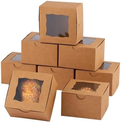 JIYIXHylera 48Pcs 6x6x3 Inch Brown Kraft Bakery Boxes with Clear Window, Small Cake Cookie Pastry Treat Boxes for Dessert Cupcakes Pies Chocolates Party Favors image 2
