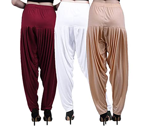 Image of Casuals Women's Regular Fit Viscose Drawstring Patiala Harem Pants Combo Pack 3 (Maroon :: White :: Light Skin,XXL)