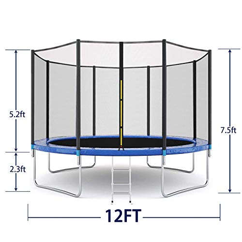WASAKKY Trampoline for Kids and Adult - 12ft Kids Trampoline with Trampoline Accessories: Trampoline Ladder, Safety Trampoline Net, Spring Cover Padding