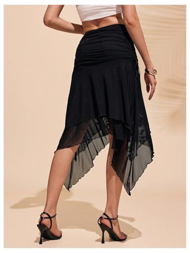 Women's Flowy Asymmetrical Skirt High Waisted Mesh Ruched Flared Midi Skirt Y2k Bodycon Coquette Skirts2