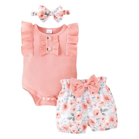 DUBASAM 3Pcs Newborn Baby Girl Summer Outfits Ruffle Sleeveless Knit Romper Floral Shorts with Headband Clothes Set (Pink, 3-6Months) Cover