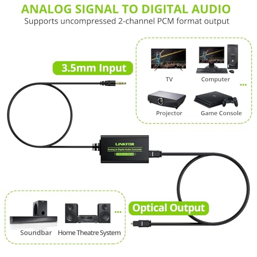 Image of LiNKFOR 3.5mm to SPDIF Converter Analog to Digital Audio Adapter for Enhanced Sound Toslink Optical Output 3.5mm to Optical with Optical Cable for Amplifiers & Soundbars