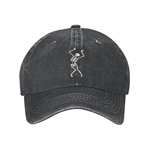 Vunko Dancing Skeleton Funny Black Vintage Distressed Adjustable Washed Denim Cotton Low Profile Mens Dad Trucker Hat Black Fitted Baseball Ball Cap For Men Unisex Headwear #TOP20
