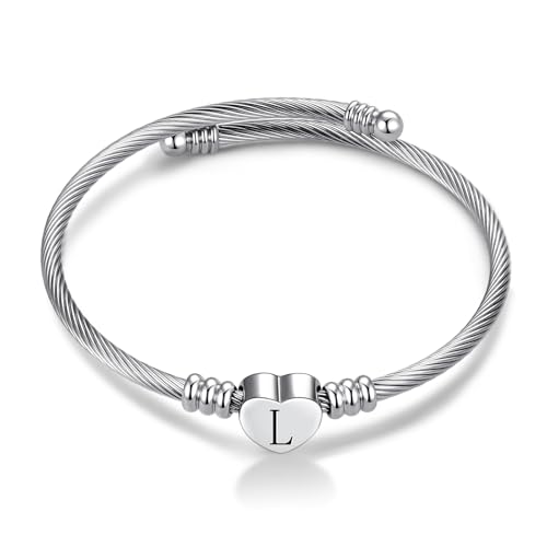 FGT L Initial Love Heart Letter Cuff Bangle Bracelets for Women Name Family Birthday Christmas Stainless Steel Alphabet Silver