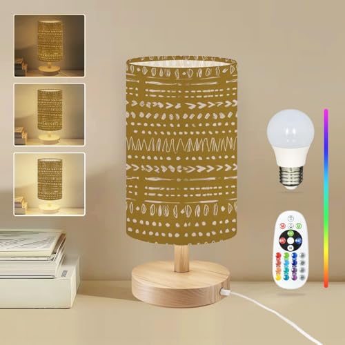 RAINFALLARING Round Table Lamp for Bedroom Hand Drawn Abstract Seamless Inspired by Tribal African mud Cloth Beside Lamps Desk lamp with Wood Base Nightstand Lamps for Nursery Living Room Home Decor