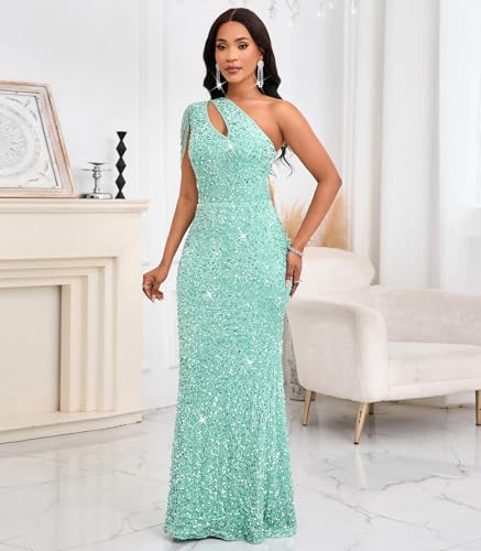 Image of Cololura Women Sequin Elegant Sexy One Shoulder Tassel Mermaid Bodycon Cocktail Evening Dress