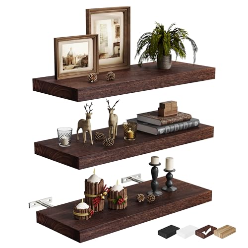 Image of 3 Packs Floating Shelves for Wall Storage Rustic Farmhouse Antique Vintage Retro Primitive Cottage Magnolia Southwest Western Fall Home Decor Mounted Living Room Bedroom Dorm Hanging Shelf Brown