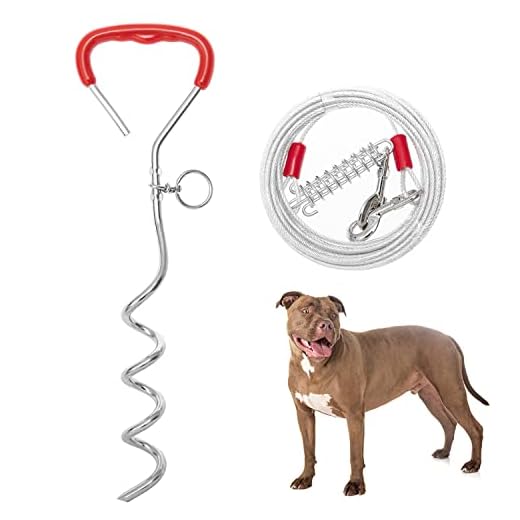 AMFOSNEL Dog Tie Out Cable and Stake - 15/20/30 FT Long Dog Leash for Training, Playing in The Yard, Camping Outdoor - Heavy Duty Proof Rust Stake and Dog Runner Cable for Medium Large Dogs