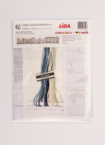 Image of Thea Gouverneur - Counted Cross Stitch Kit - Delft Blue Houses - Aida - 18 Count - Embroidery Kit for Adults - DMC Embroidery Threads and Other Cross Stitch Supplies Included - 552A