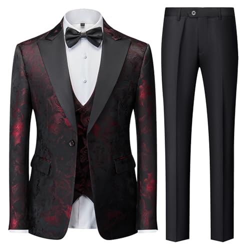 UNINUKOO Men's 3 Piece Suit Formal Dinner Classic Wedding Prom Regular Fit Peak Lapel Tuxedo for Men US Size M Printed Red