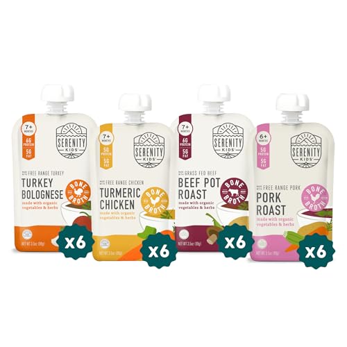 Image of Serenity Kids Bone Broth Protein Baby Food Pouches, 3.5 Oz, 24 Pack | No Added Sugar, Savory, Protein & Fat Forward, Meat-Based, Organic Baby Snacks, Toddler Food, Toddler Snack