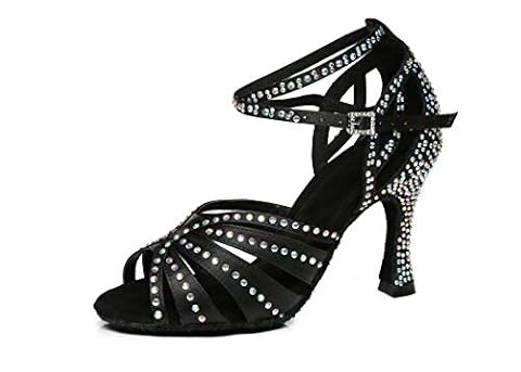 MINITOO Damskie buty do salsy z paskiem na kostkę z koralikami buty do tańca L440, Czarny, 38.5 EU