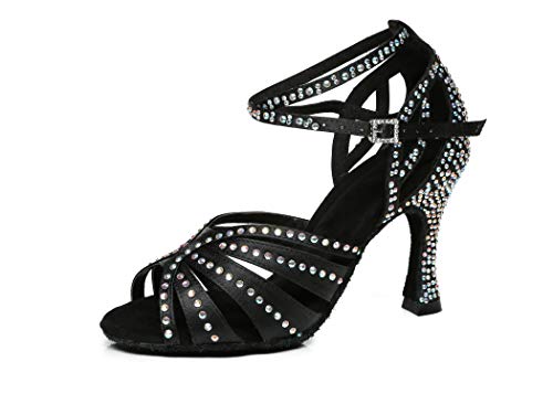 MINITOO Damskie buty do salsy z paskiem na kostkę z koralikami buty do tańca L440, Czarny, 38.5 EU